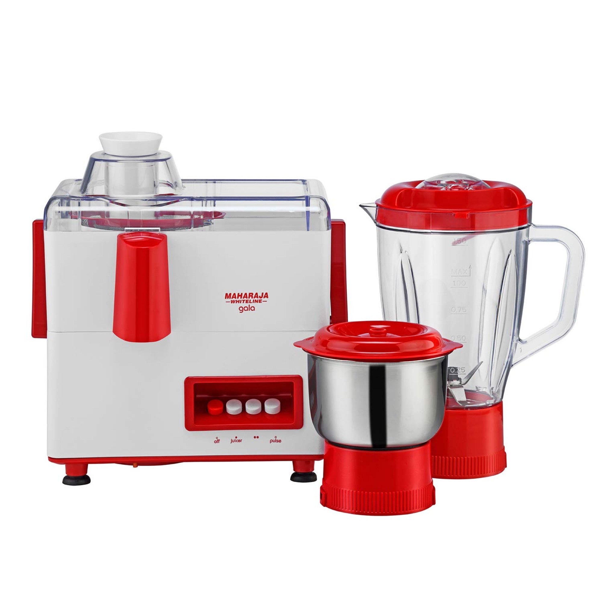 Maharaja Whiteline Gala JX-117 450-Watt Juicer Mixer Grinder with 2 Jars (White/Majestic Maroon)