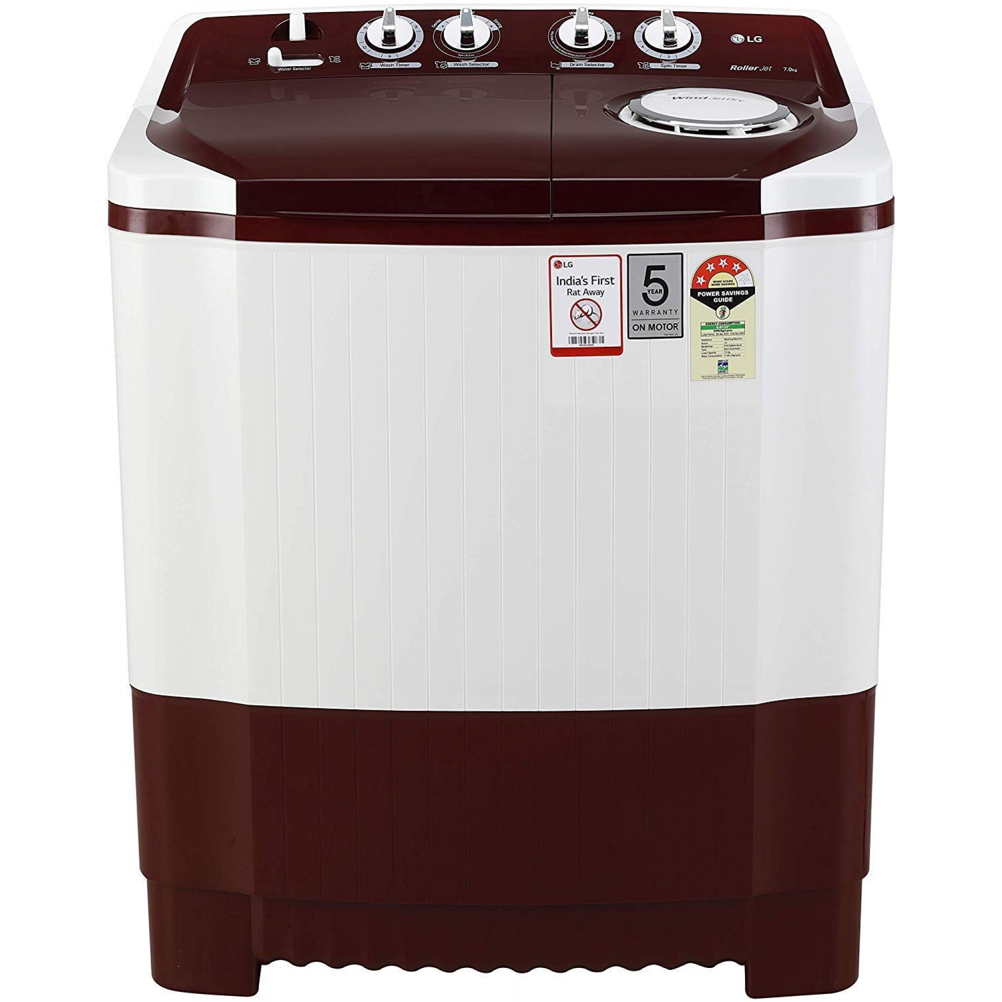 LG 7 Kg 4 Star Semi-Automatic Top Loading Washing Machine (P7010RRAY, Burgundy, Collar Scrubber)